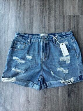 By Together Distressed Roll-Hem Jean Shorts - Medium Blue